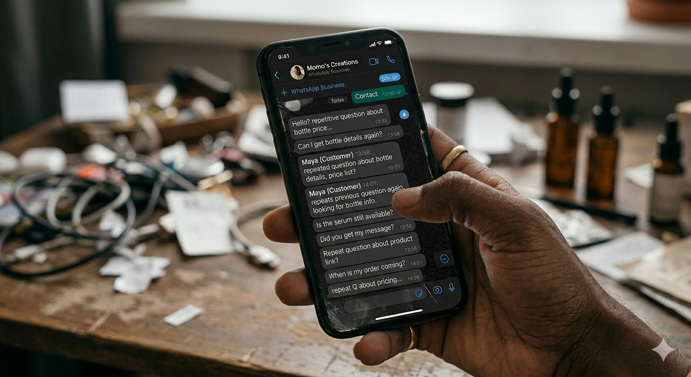 Overwhelmed seller with chaotic WhatsApp messages